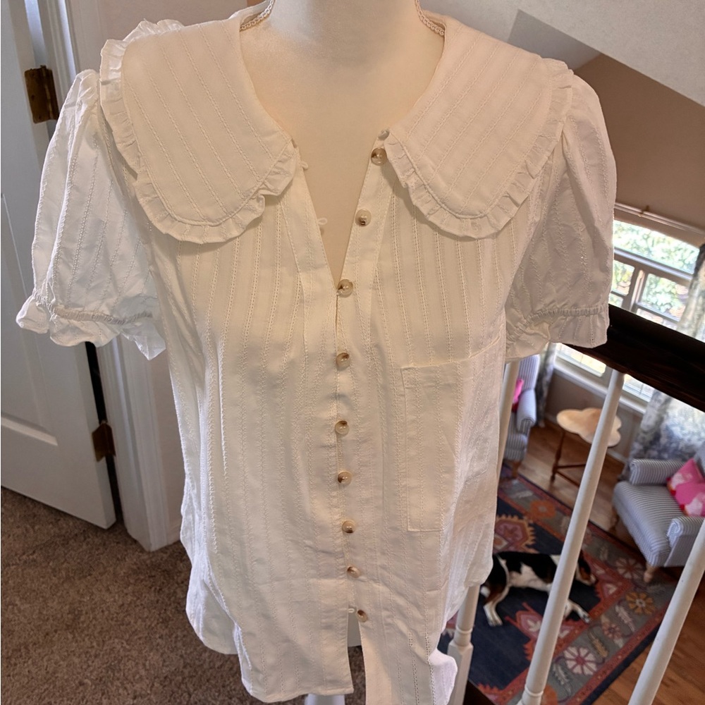 Womens Peter Pan Collar Puff Sleeve Button Down Cotton Blouse